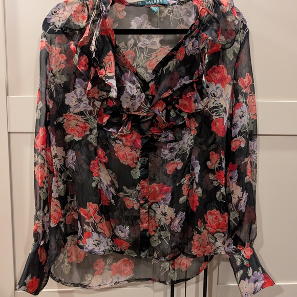 Ralph Lauren Black and Red Floral Ruffle Blouse, PL - Picture 1 of 4